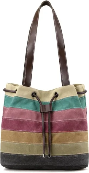 Canvas Shoulder Bag for Women Multi-Colour Striped Handbag Casual Top Handle Bag Large Hobo Bag Multi-Pocket Tote Bag