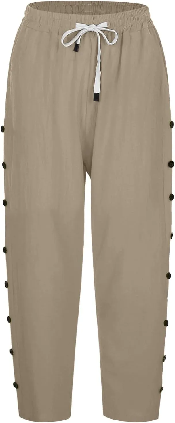 Capri Linen Pants for Women Drawstring Capri Pants with Pockets Wide Leg Cropped Pants for Capri Linen Pants for