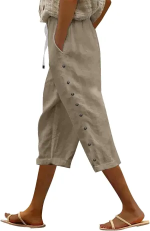 Capri Linen Pants for Women Drawstring Capri Pants with Pockets Wide Leg Cropped Pants for Capri Linen Pants for