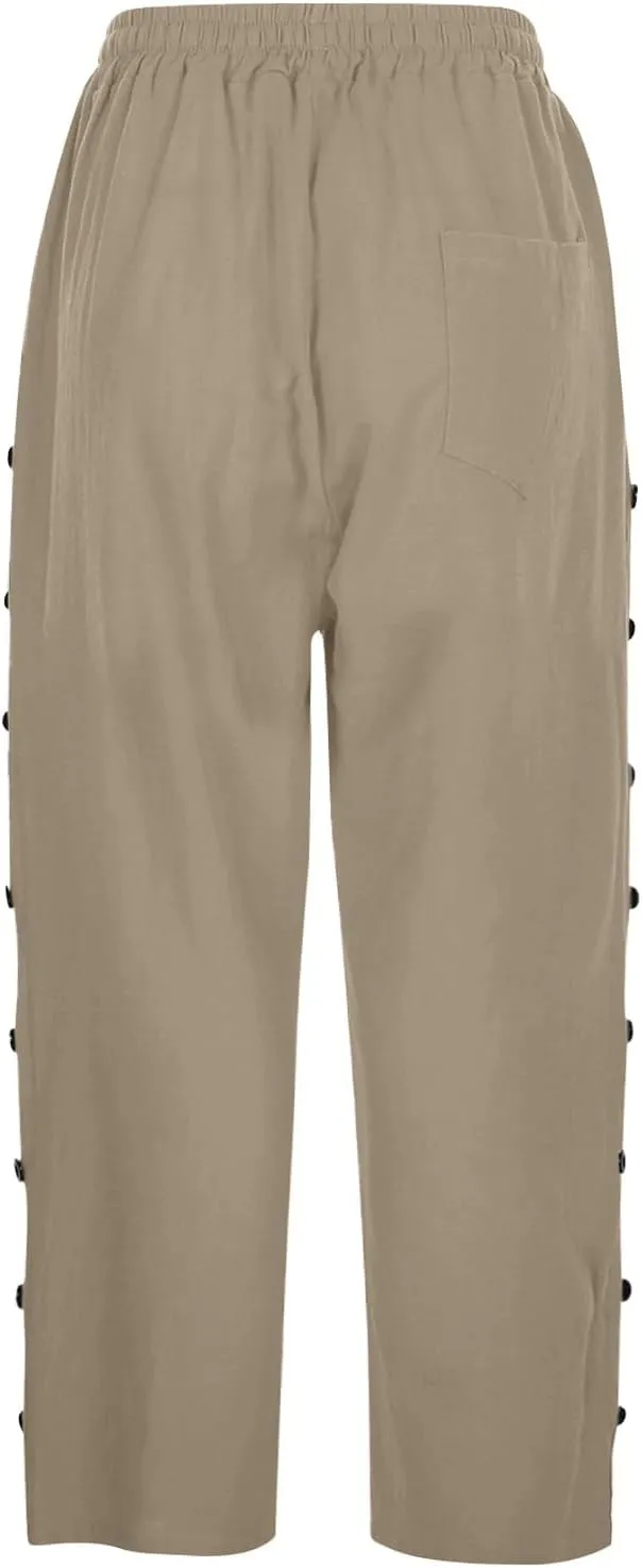 Capri Linen Pants for Women Drawstring Capri Pants with Pockets Wide Leg Cropped Pants for Capri Linen Pants for