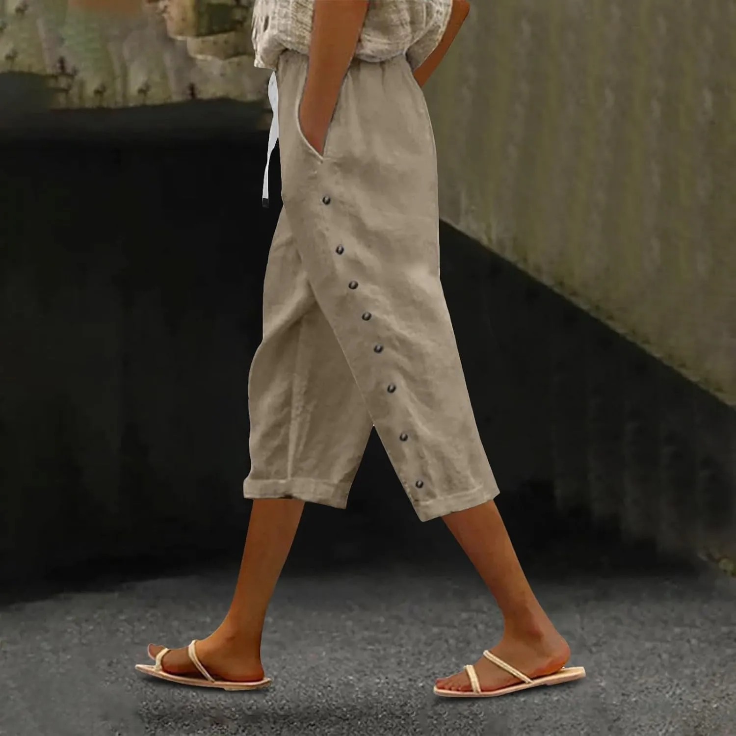 Capri Linen Pants for Women Drawstring Capri Pants with Pockets Wide Leg Cropped Pants for Capri Linen Pants for
