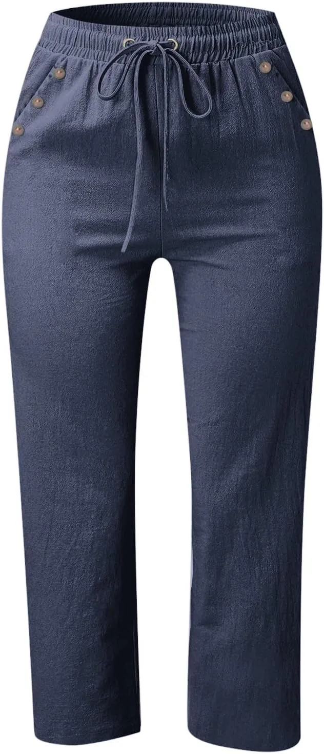 Capri Pants for Women Casual Summer Drawstring Elastic High Waist Plus Size Linen Slacks Wide Leg Cropped Pants
