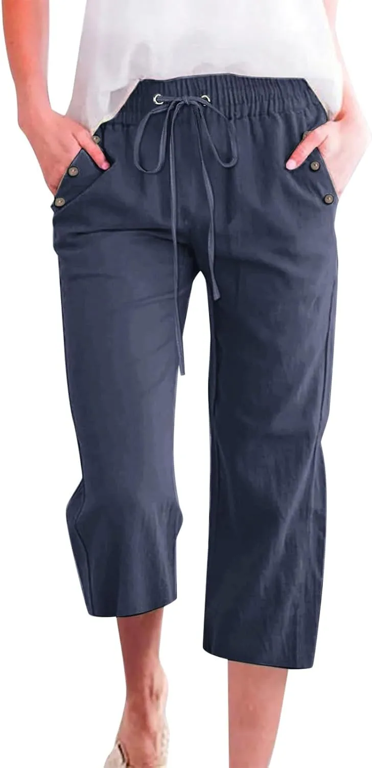 Capri Pants for Women Casual Summer Drawstring Elastic High Waist Plus Size Linen Slacks Wide Leg Cropped Pants