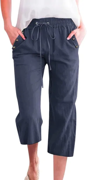 Capri Pants for Women Casual Summer Drawstring Elastic High Waist Plus Size Linen Slacks Wide Leg Cropped Pants