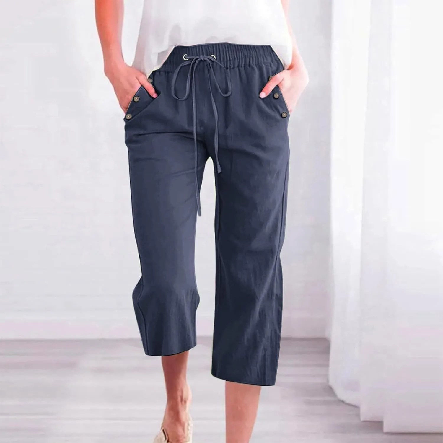 Capri Pants for Women Casual Summer Drawstring Elastic High Waist Plus Size Linen Slacks Wide Leg Cropped Pants