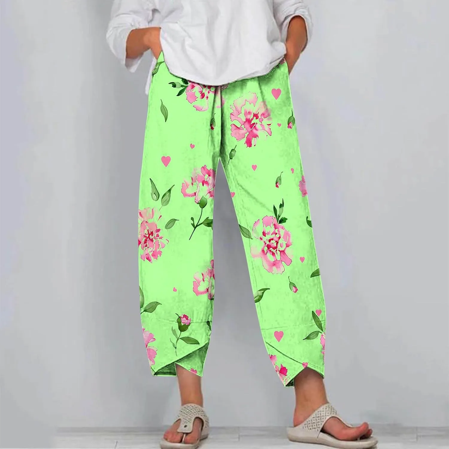 Capris Pants for Women Dressy Casual Baggy Floral Print Sweatpants with Pockets Outdoor Workout Straight Leggings