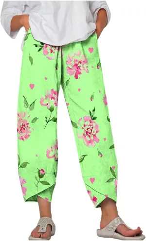 Capris Pants for Women Dressy Casual Baggy Floral Print Sweatpants with Pockets Outdoor Workout Straight Leggings