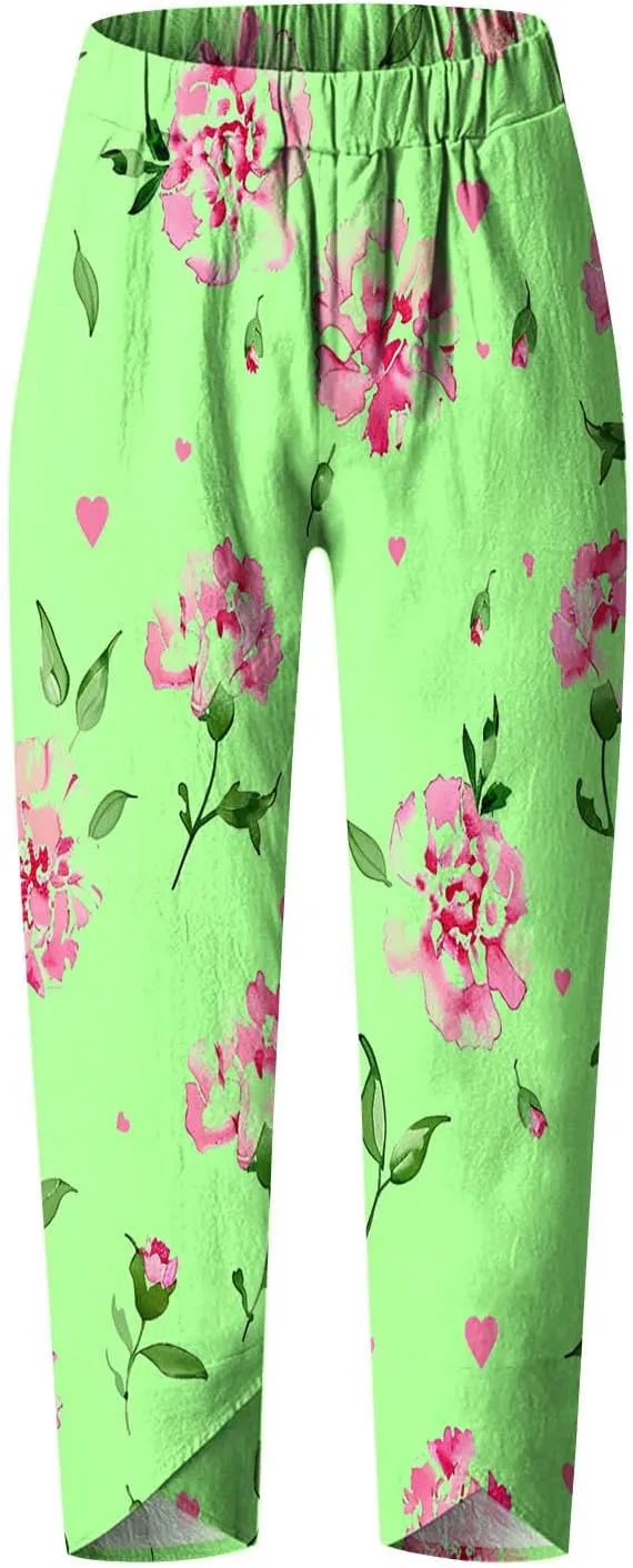 Capris Pants for Women Dressy Casual Baggy Floral Print Sweatpants with Pockets Outdoor Workout Straight Leggings