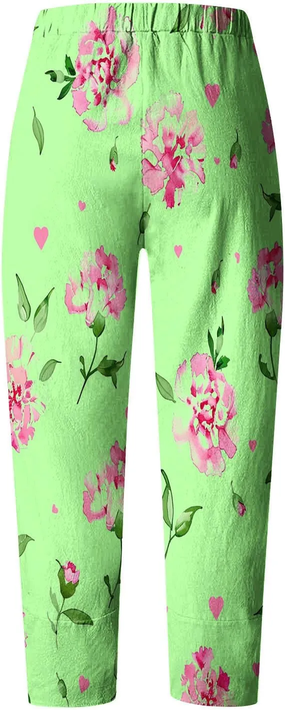 Capris Pants for Women Dressy Casual Baggy Floral Print Sweatpants with Pockets Outdoor Workout Straight Leggings
