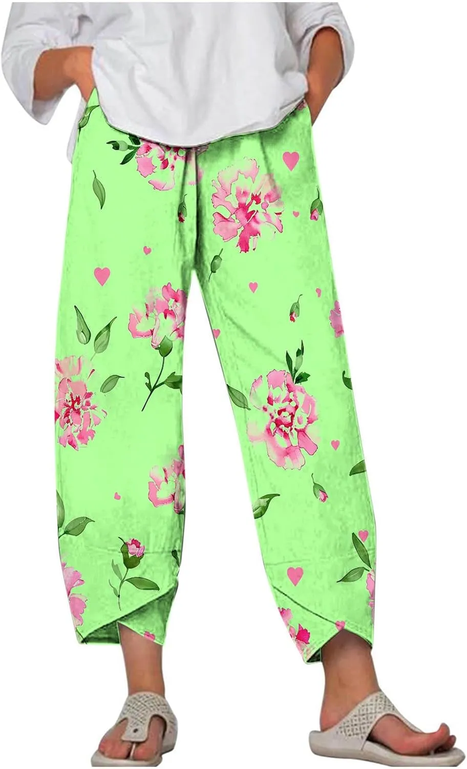 Capris Pants for Women Dressy Casual Baggy Floral Print Sweatpants with Pockets Outdoor Workout Straight Leggings