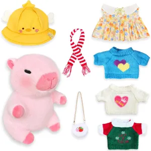 Capybara Plush Toy with 7 Pcs Clothes & Accessories, Cute Capybara Stuffed Animal with Outfits (Pink)