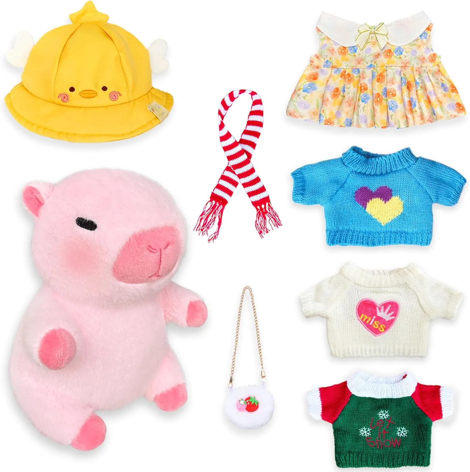 Capybara Plush Toy with 7 Pcs Clothes & Accessories, Cute Capybara Stuffed Animal with Outfits (Pink)