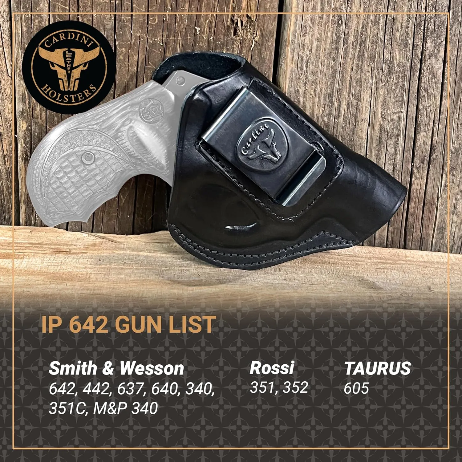 Cardini Leather Premium IWB Holster for 5-Shot Revolvers, S&W J Frame, Taurus 605, 642 Airweight, 38 Special
