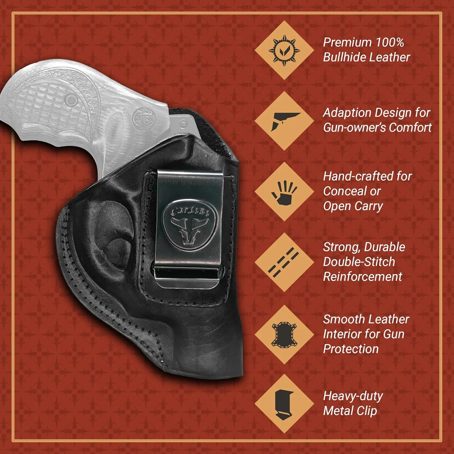 Cardini Leather Premium IWB Holster for 5-Shot Revolvers, S&W J Frame, Taurus 605, 642 Airweight, 38 Special