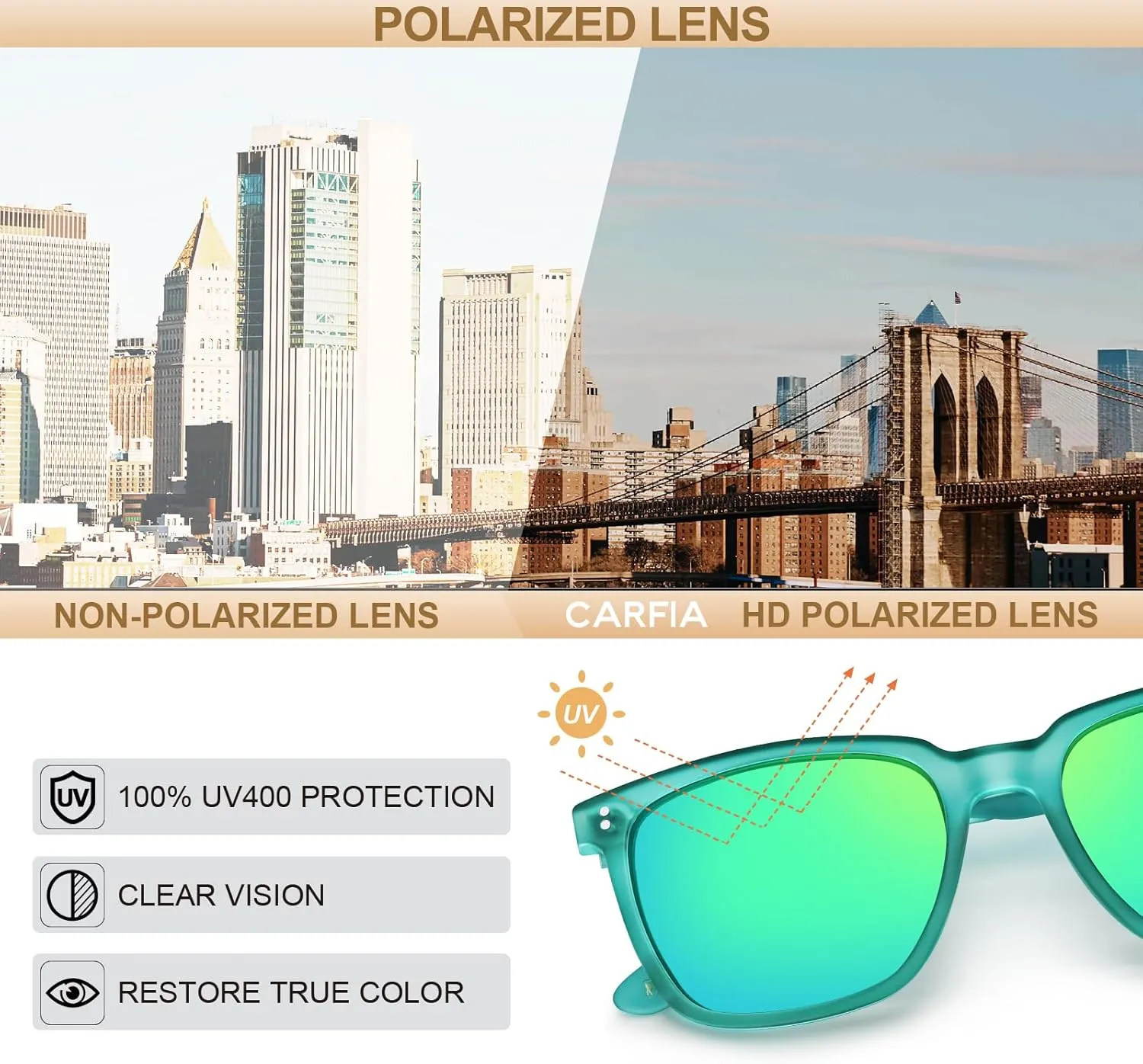 CARFIA Retro Acetate Polarized Sunglasses for Men UV400 Protection Driving Outdoor Anti-Glare Sun Glasses CA5354WS