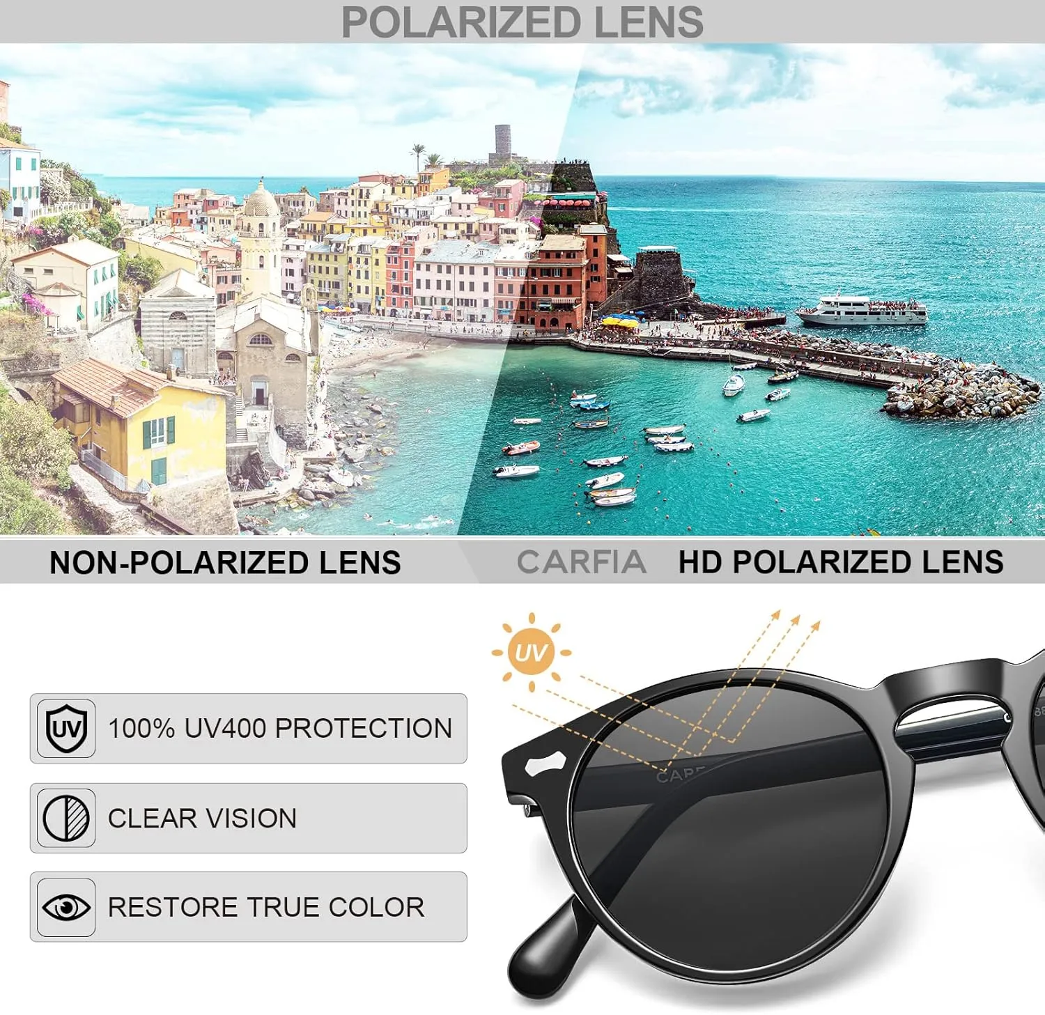 CARFIA Vintage Polarized Sunglasses for Men UV400 Protection Retro Fashion Eyewear Hand-crafted Acetate Frame CA5288L