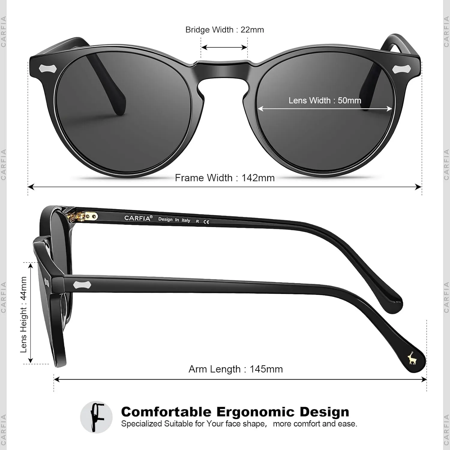 CARFIA Vintage Polarized Sunglasses for Men UV400 Protection Retro Fashion Eyewear Hand-crafted Acetate Frame CA5288L