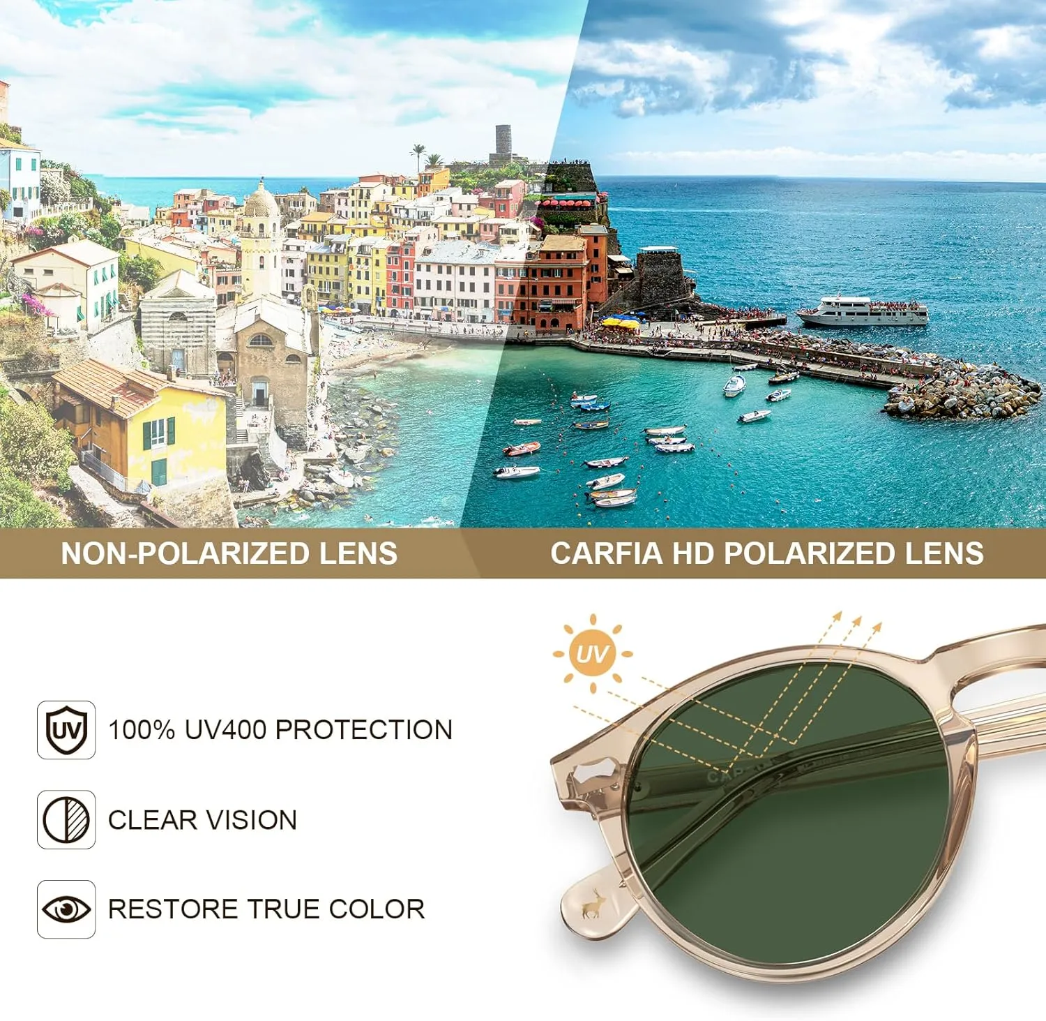 CARFIA Vintage Polarized Sunglasses for Men UV400 Protection Retro Fashion Eyewear Hand-crafted Acetate Frame CA5288L