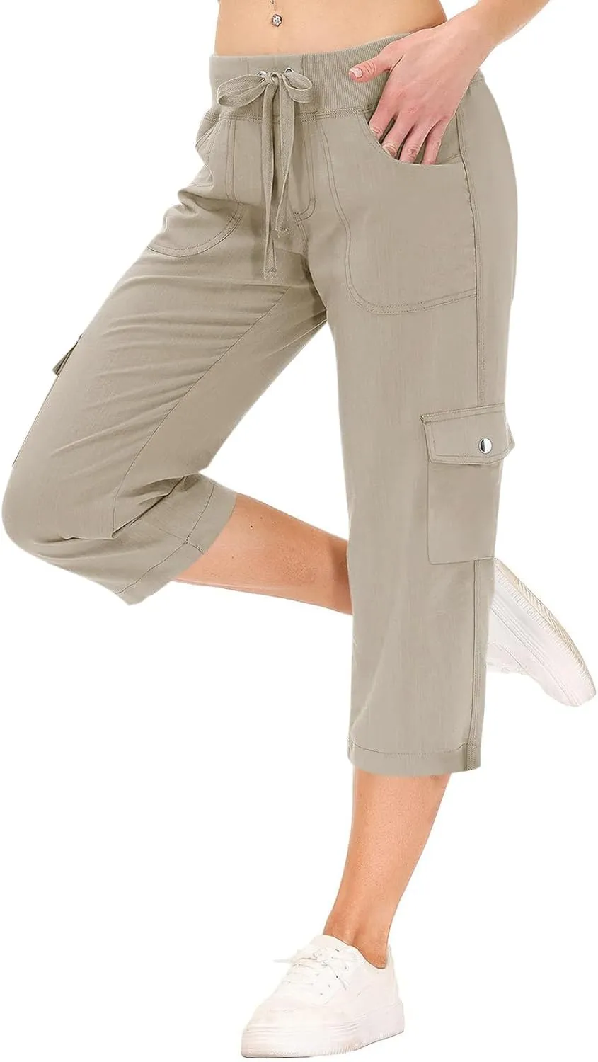 Cargo Capris for Women Casual Drawstring Capris Pants with Pockets Summer Plus Size Capri Hiking Pants Cargo Pant