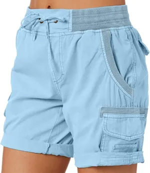 Cargo Shorts for Women Casual Summer Comfy Drawstring Elastic Waist Pocket Roll Up Bermuda Shorts Solid Color Lounge Pants
