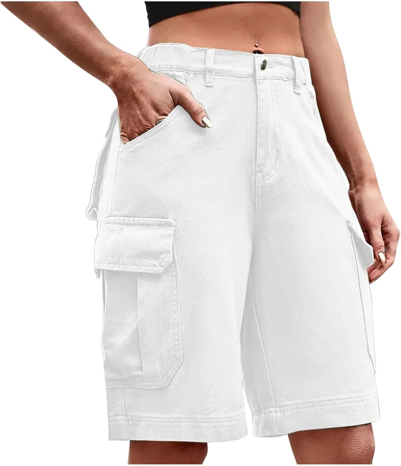 Cargo Shorts for Women Trendy Elastic High Waisted Knee Length Shorts Loose Casual Outdoor Summer Shorts with Pockets