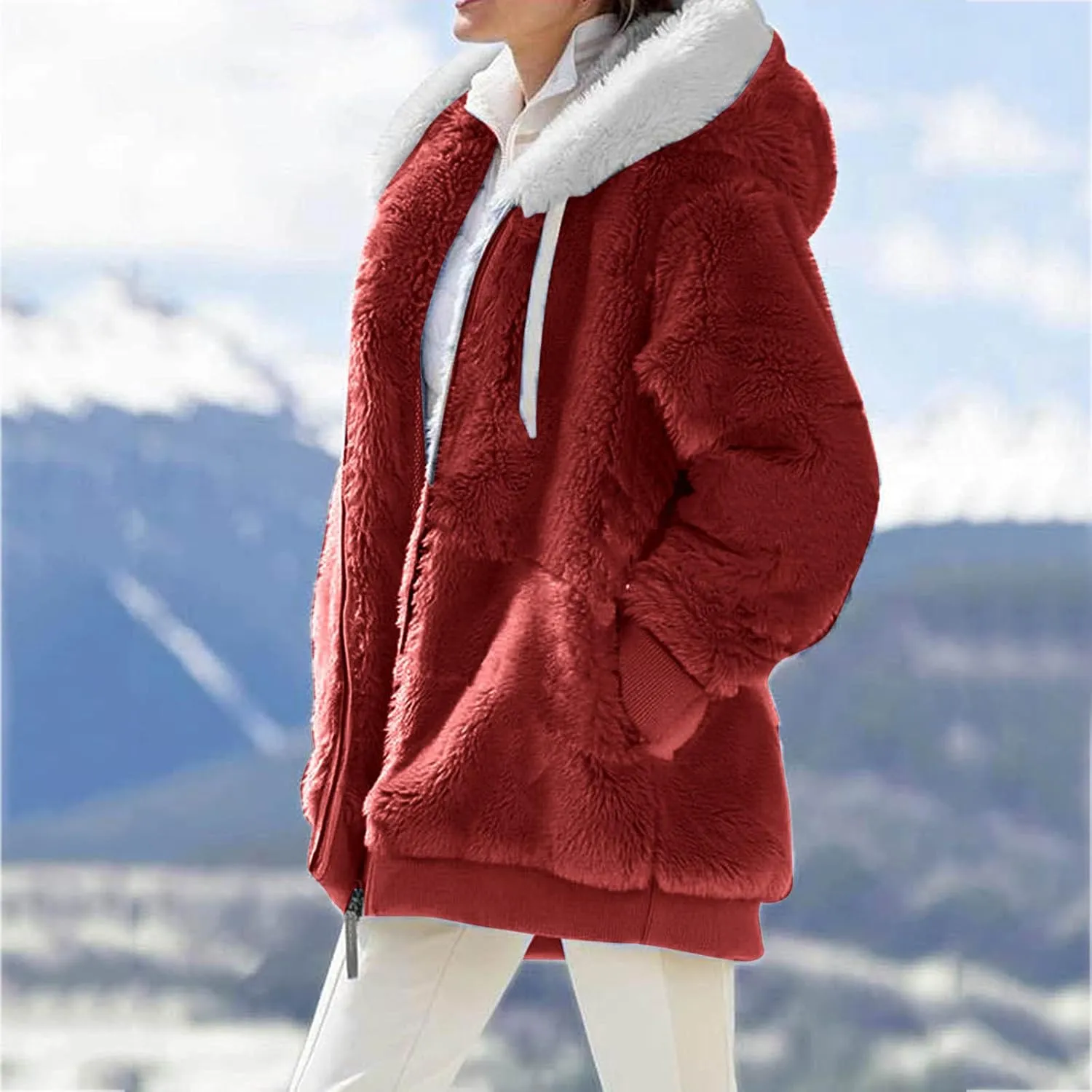 Casual Full Zip Sherpa Hoodies for Women Fleece Warm Soft Oversized Sweatshirts Drawstring Long Sleeve Winter Jackets