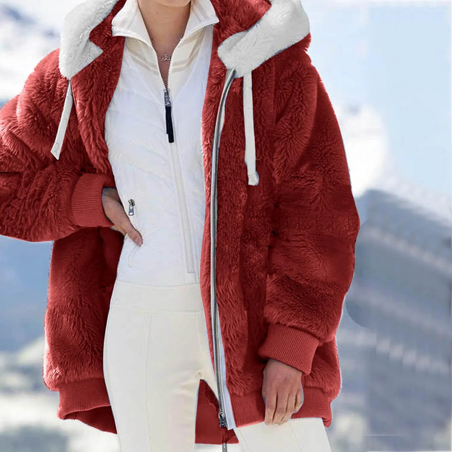 Casual Full Zip Sherpa Hoodies for Women Fleece Warm Soft Oversized Sweatshirts Drawstring Long Sleeve Winter Jackets