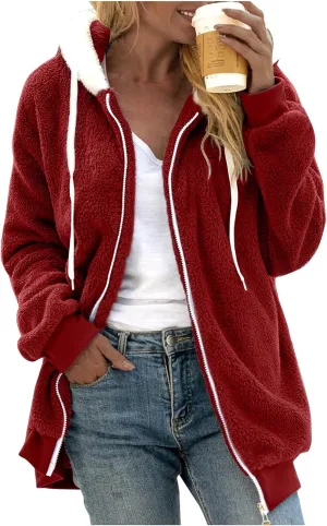 Casual Full Zip Sherpa Hoodies for Women Fleece Warm Soft Oversized Sweatshirts Drawstring Long Sleeve Winter Jackets