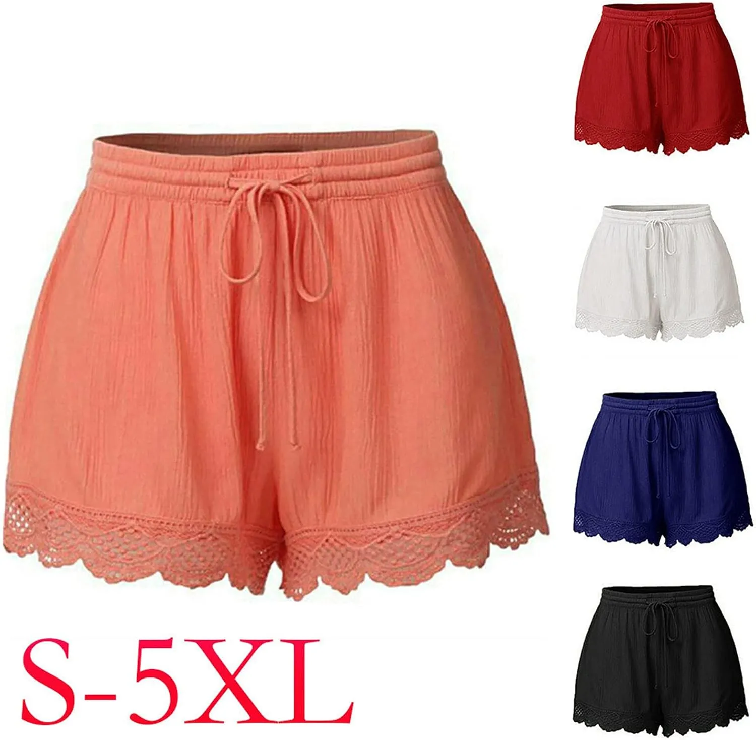 Casual Summer Lace Trim Shorts for Women Drawstring Elastic Waist Yoga Lounge Short Pants Solid Loose Comfy Pajama Bottoms