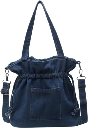 Casual Washed Denim Shoulder Bag Japanese Drawstring Crossbody Messenger Bags for Women Trendy
