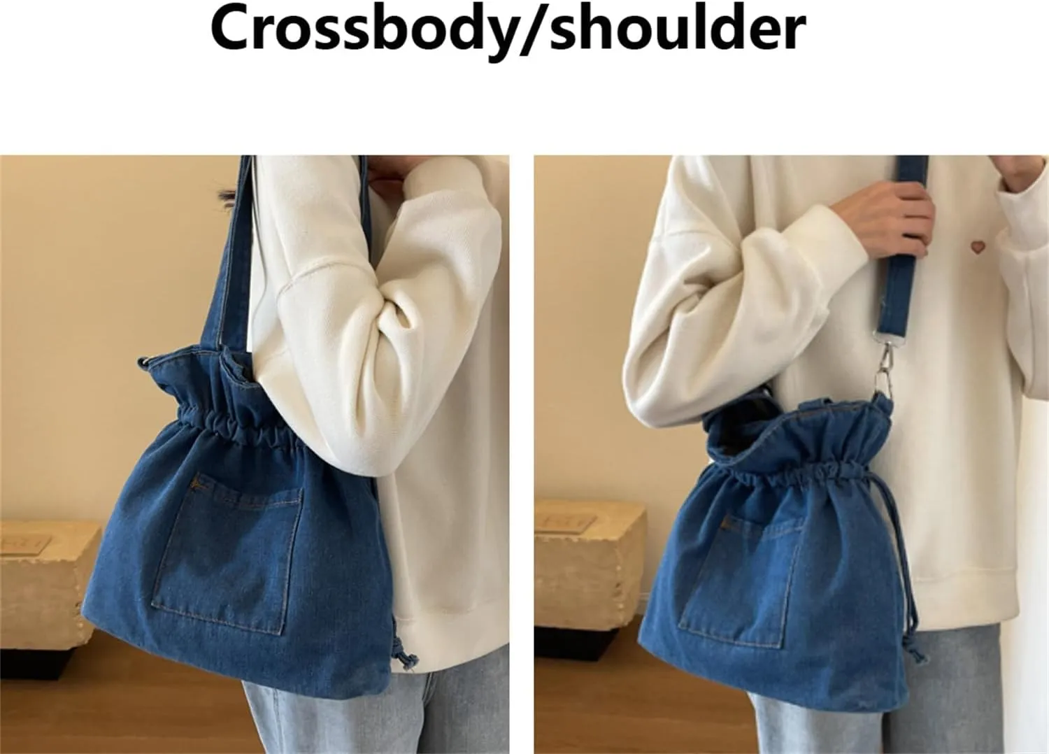 Casual Washed Denim Shoulder Bag Japanese Drawstring Crossbody Messenger Bags for Women Trendy