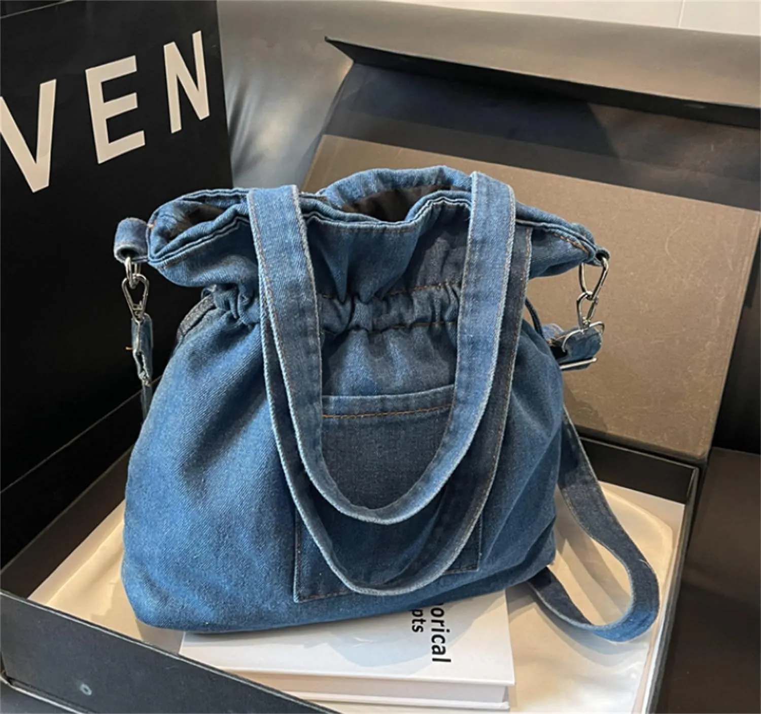 Casual Washed Denim Shoulder Bag Japanese Drawstring Crossbody Messenger Bags for Women Trendy