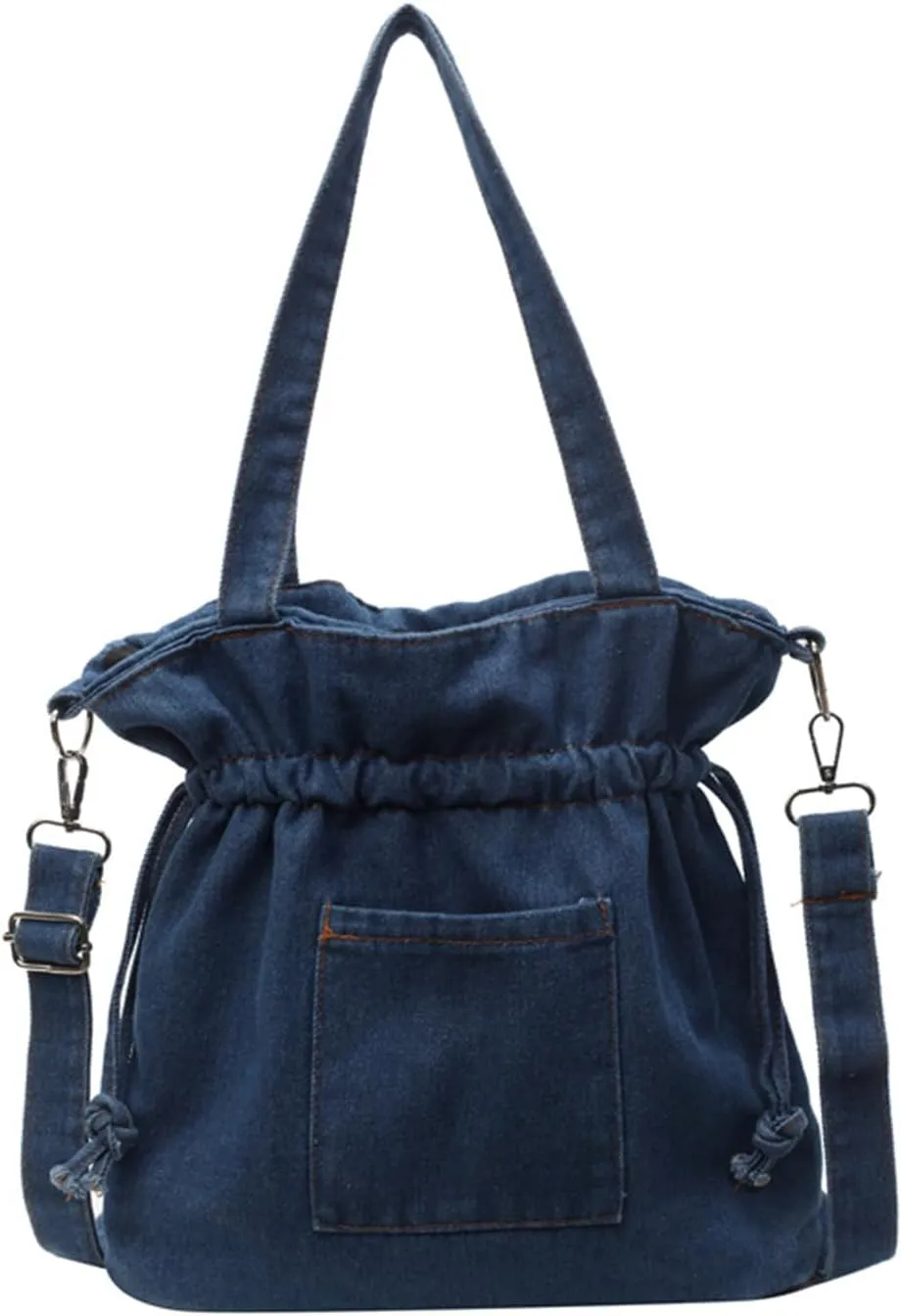 Casual Washed Denim Shoulder Bag Japanese Drawstring Crossbody Messenger Bags for Women Trendy