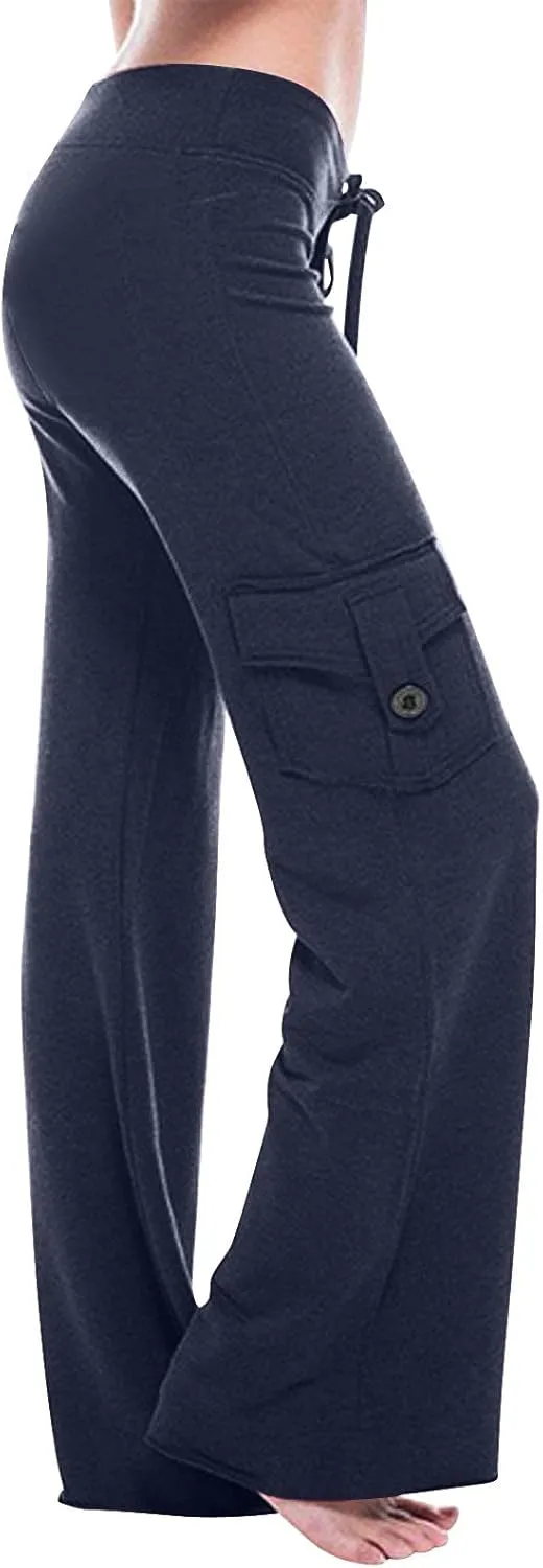 Ceboyel Womens Wide Leg Cargo Pants High Waist Pockets Jogger Pants Drawstring Relaxed Fit Cargo Pants Ladies Lounge Pants