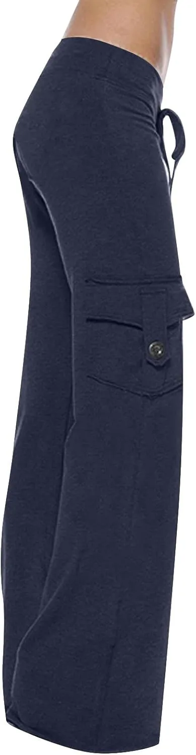 Ceboyel Womens Wide Leg Cargo Pants High Waist Pockets Jogger Pants Drawstring Relaxed Fit Cargo Pants Ladies Lounge Pants