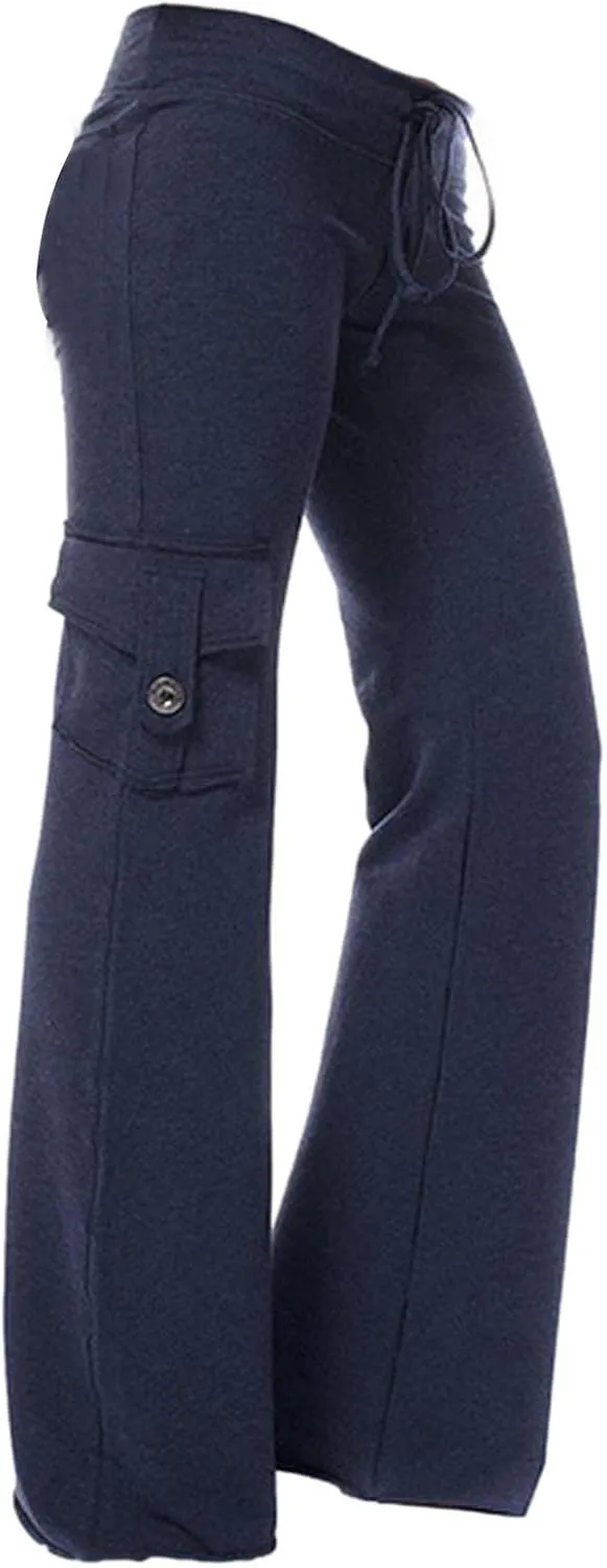 Ceboyel Womens Wide Leg Cargo Pants High Waist Pockets Jogger Pants Drawstring Relaxed Fit Cargo Pants Ladies Lounge Pants