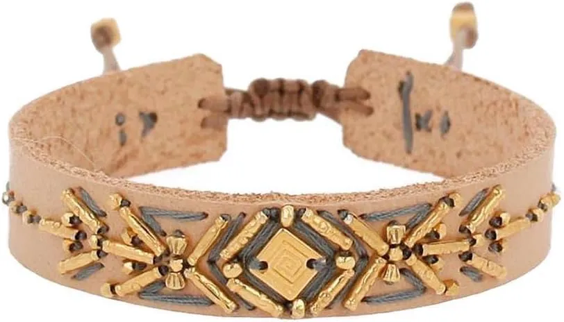 Chan Luu Beige Mix Goldtone Beaded Beige Leather Slip Knot Bracelet Adjustable