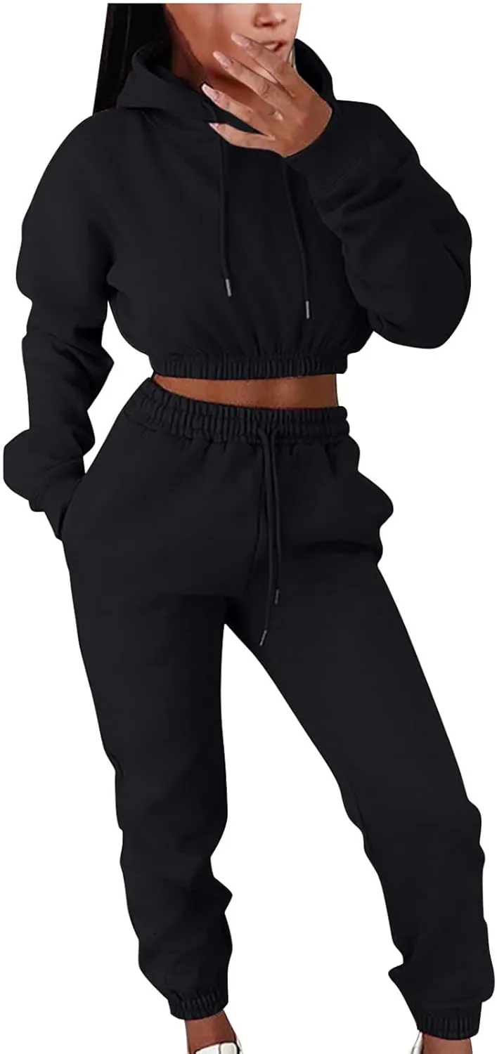 Charella Two Piece Sweatsuit Outfits for Women's Solid Pullover Hoodies Drawstring Cinch Bottom Trousers Sets With Pocket
