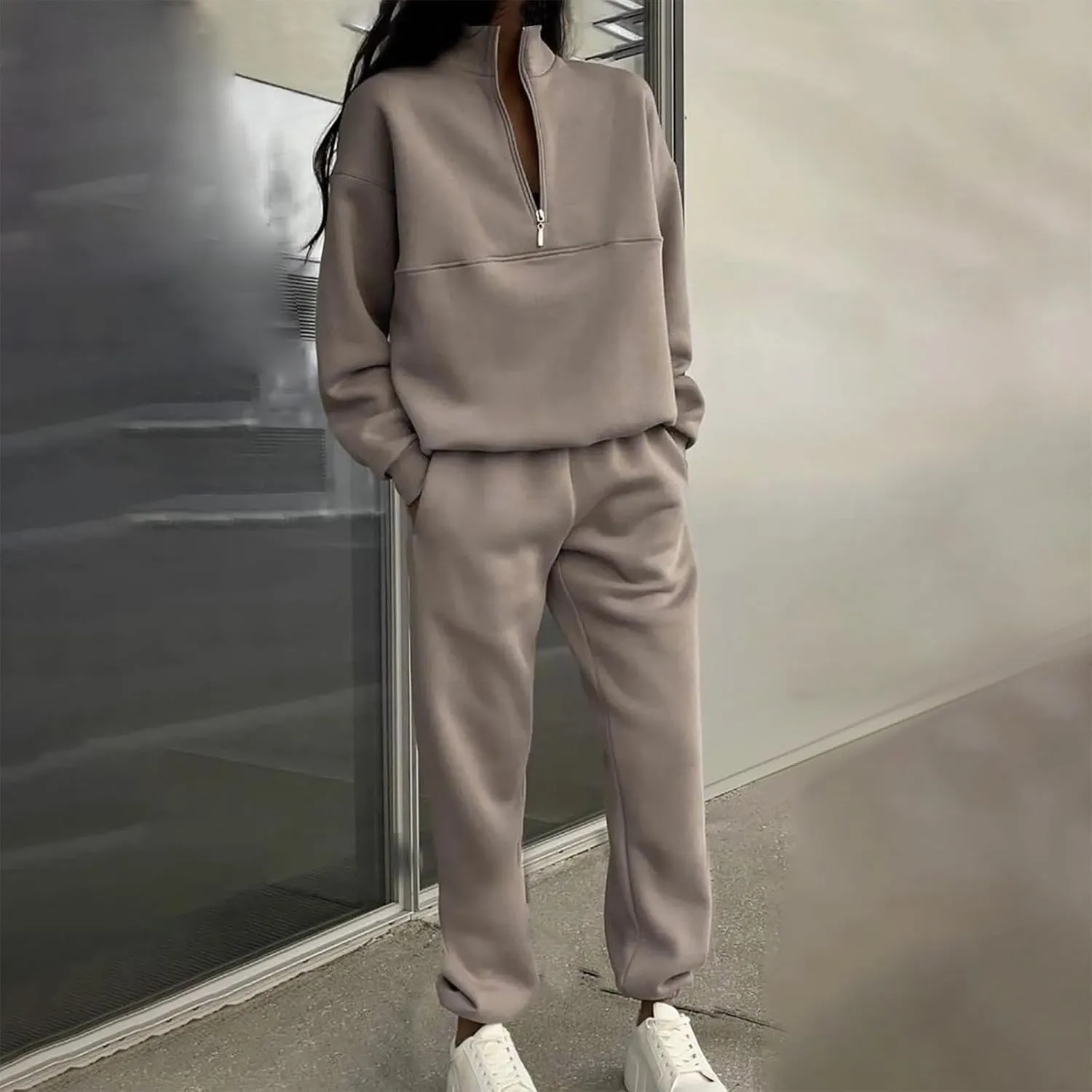 Charella Two Piece Sweatsuit Outfits for Women's Solid Pullover Hoodies Drawstring Cinch Bottom Trousers Sets With Pocket
