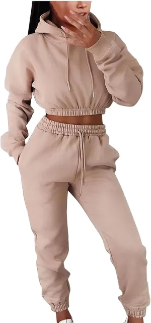 Charella Two Piece Sweatsuit Outfits for Women's Solid Pullover Hoodies Drawstring Cinch Bottom Trousers Sets With Pocket