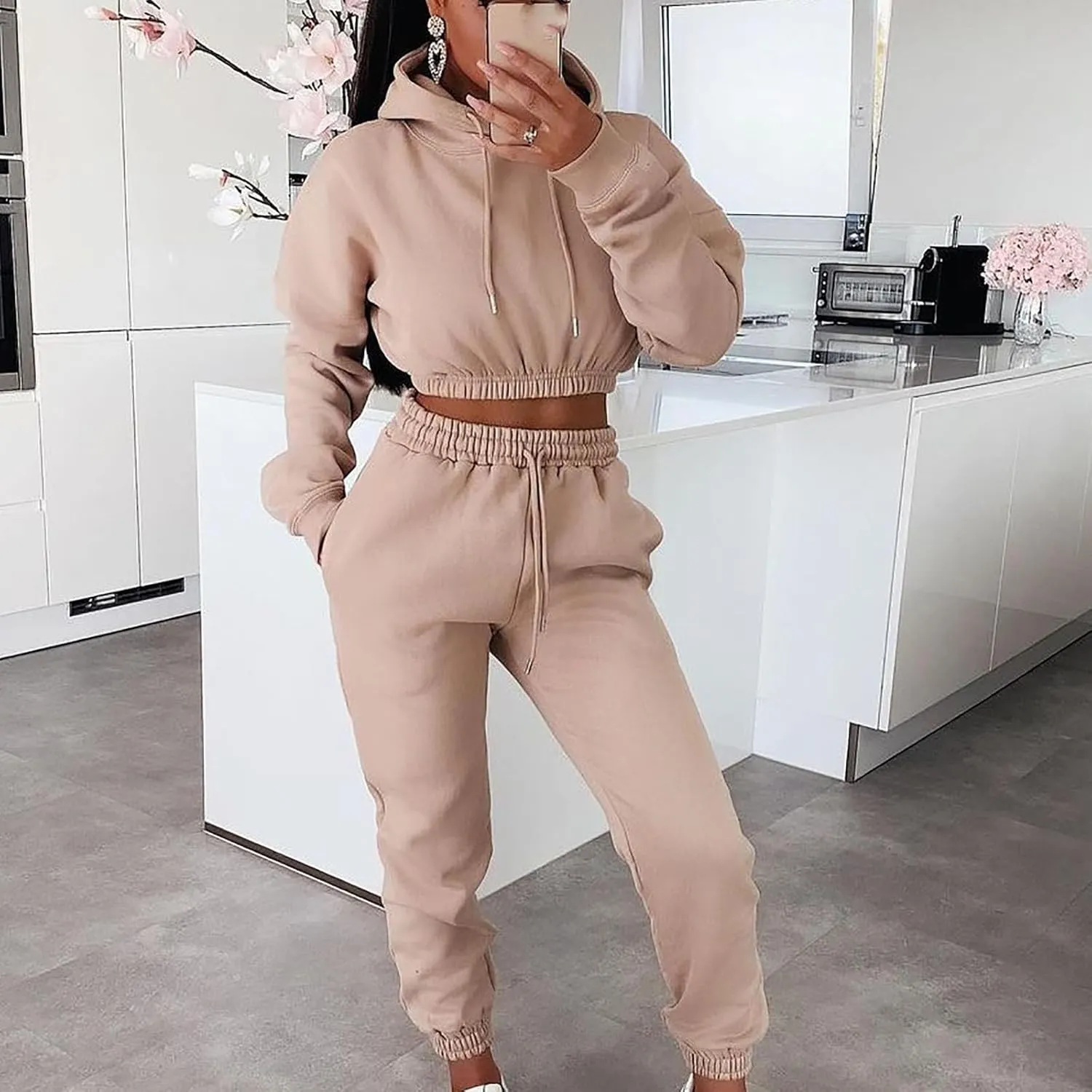 Charella Two Piece Sweatsuit Outfits for Women's Solid Pullover Hoodies Drawstring Cinch Bottom Trousers Sets With Pocket