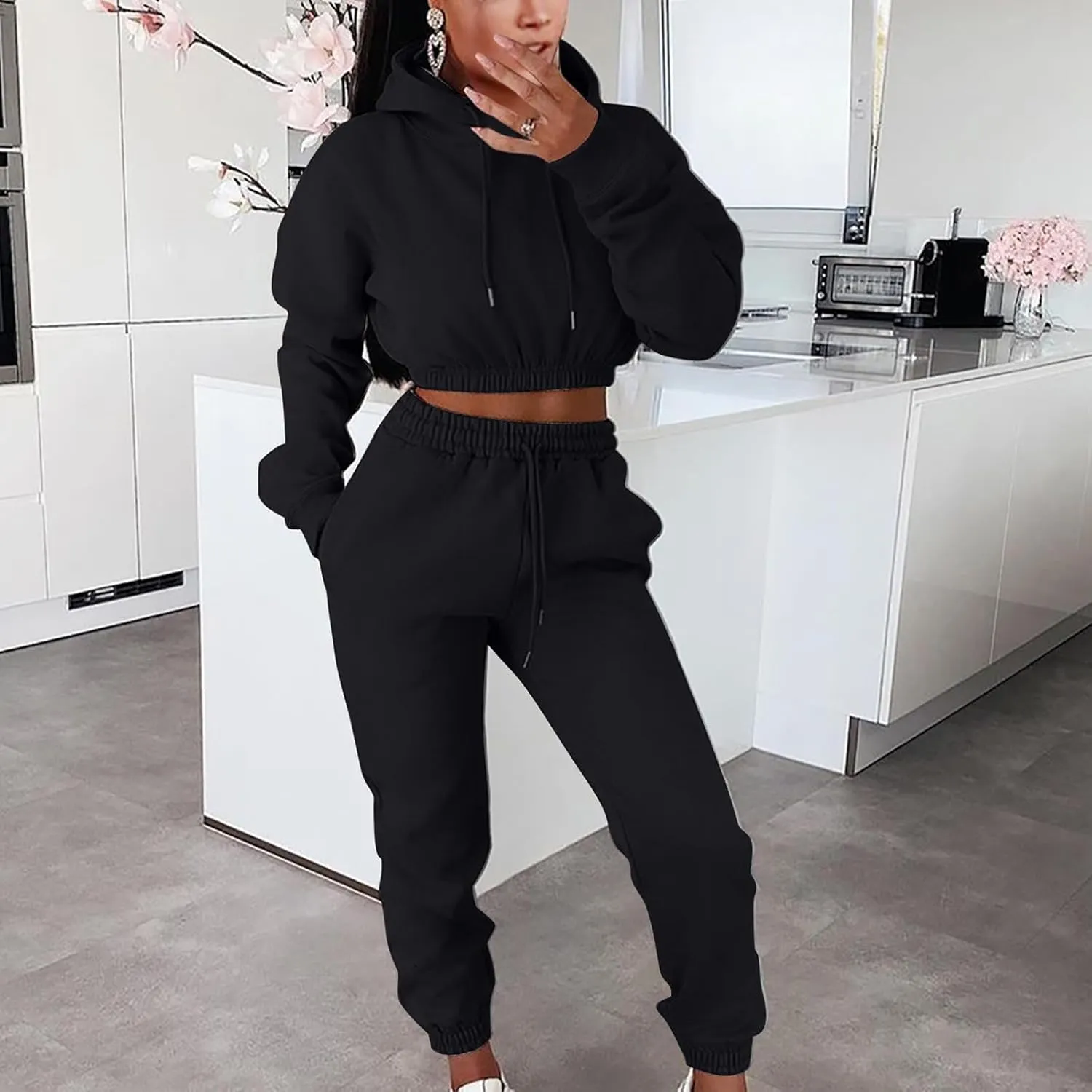 Charella Two Piece Sweatsuit Outfits for Women's Solid Pullover Hoodies Drawstring Cinch Bottom Trousers Sets With Pocket