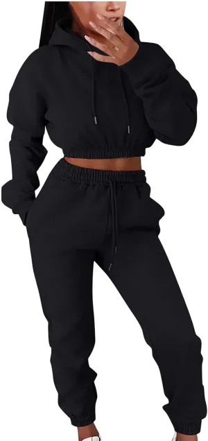 Charella Two Piece Sweatsuit Outfits for Women's Solid Pullover Hoodies Drawstring Cinch Bottom Trousers Sets With Pocket