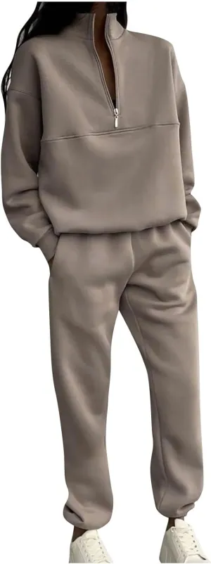 Charella Two Piece Sweatsuit Outfits for Women's Solid Pullover Hoodies Drawstring Cinch Bottom Trousers Sets With Pocket