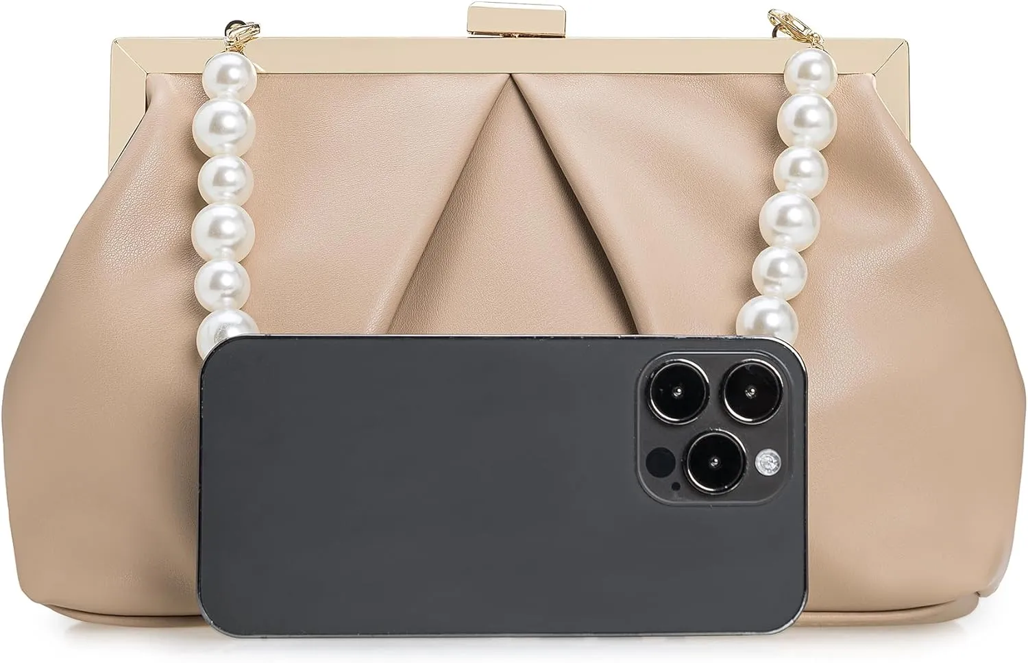 CHARMING TAILOR Faux Leather Clutch Purse Ruched PU Metal Frame Formal Evening Bag with Pearl Starp