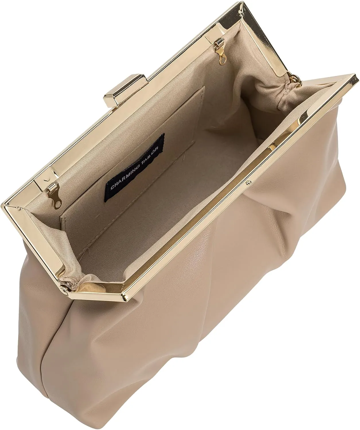 CHARMING TAILOR Faux Leather Clutch Purse Ruched PU Metal Frame Formal Evening Bag with Pearl Starp
