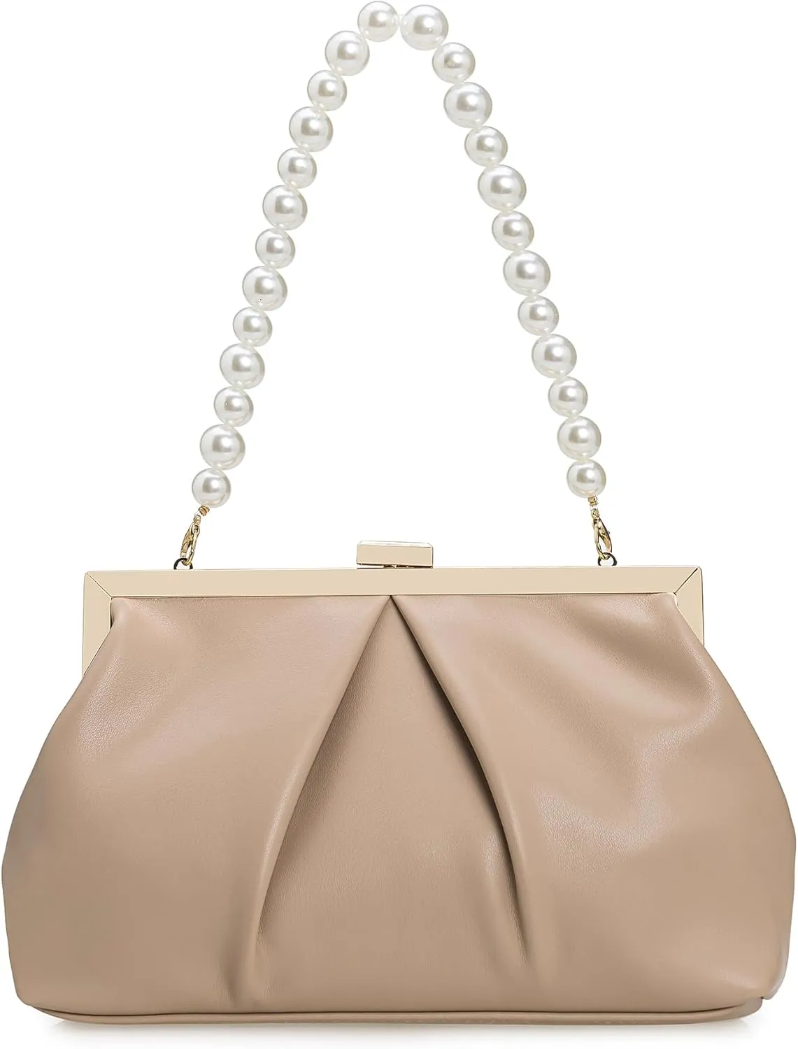 CHARMING TAILOR Faux Leather Clutch Purse Ruched PU Metal Frame Formal Evening Bag with Pearl Starp