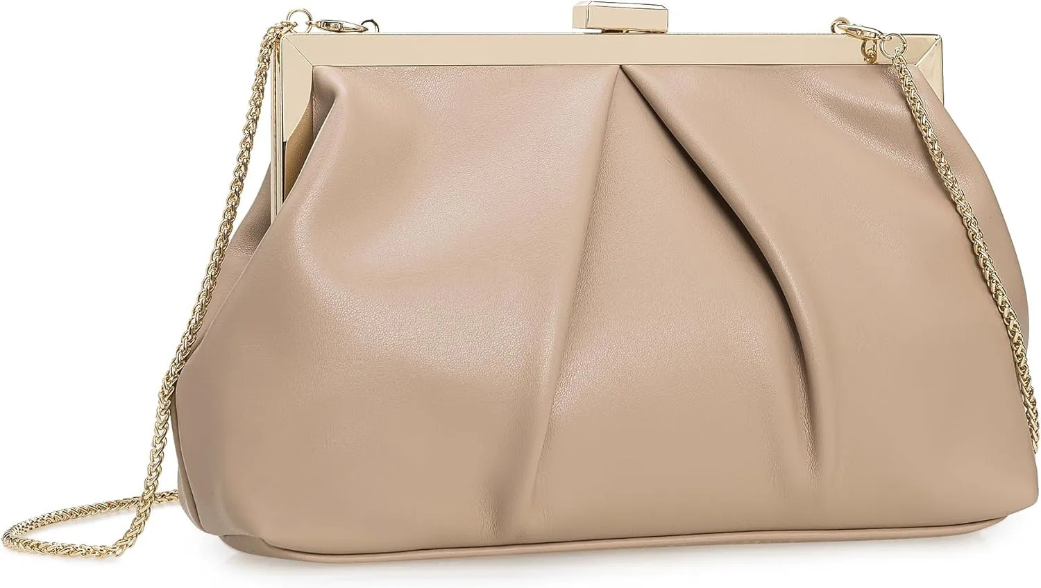 CHARMING TAILOR Faux Leather Clutch Purse Ruched PU Metal Frame Formal Evening Bag with Pearl Starp