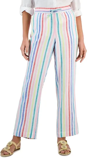 Charter Club Damask Women's Striped Linen Drawstring Pants Bright White Combo L