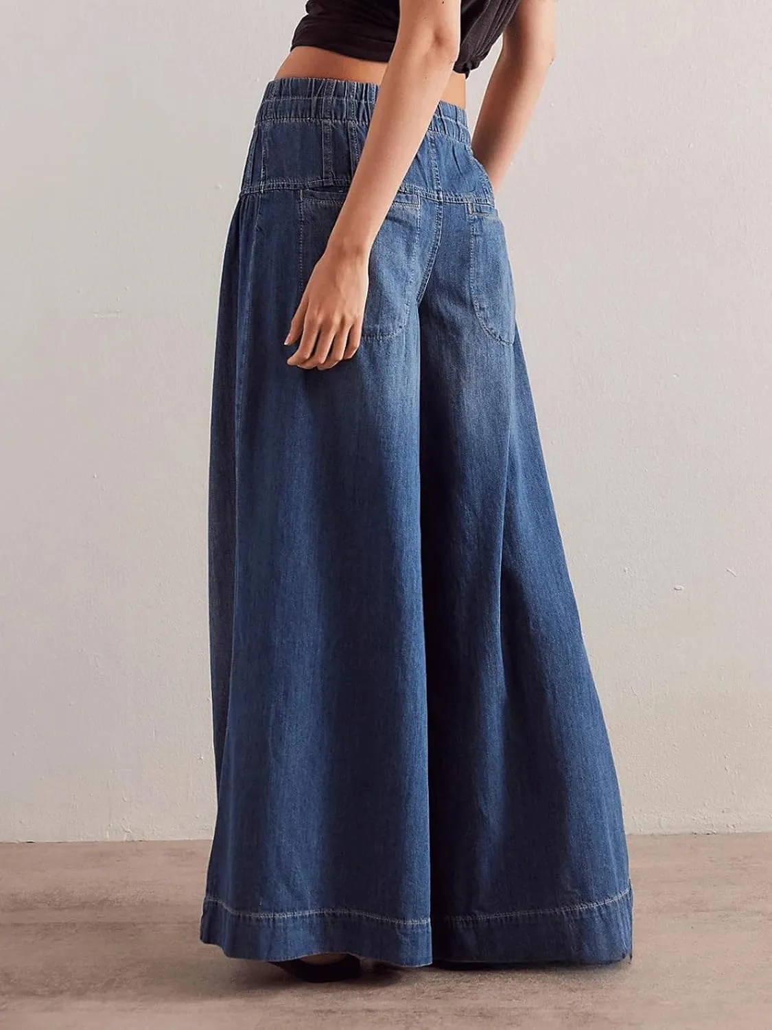 CHARTOU Women's Baggy Wide Leg Denim Pants Drawstring Midi Waisted Flare Jeans Ruffle Pleated Button Jeans
